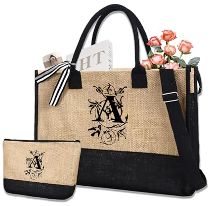 Cadeau Femme Sac Fourre-Tout Initiale Sac de courses en jute avec poche en coton Sacs à Provisions RÉutilisables pour Mariage, Anniversaire, Plage, Cadeau Parfait pour Femmes Amis