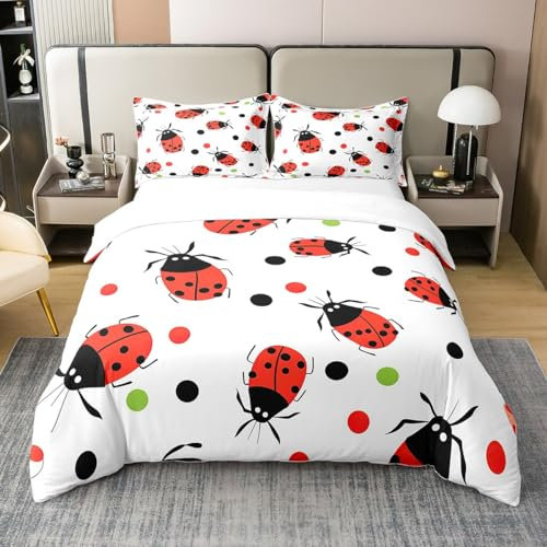 100% Baumwolle Rot Marienkäfer 135x200 Trost Abdeckung für Kinder,Cartoon Marienkäfer Bettwäsche,Marienkäfer Reptile Tiere Bettbezug,Bunte Polka Dots Geometrie Bett Set,Natur Lady Käfer Bettbezug
