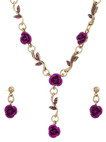 Dishowme Lot de 3 colliers et boucles d'oreilles en forme de fleur de rose avec pendentif en cristal vintage pour femmes et filles, Verre