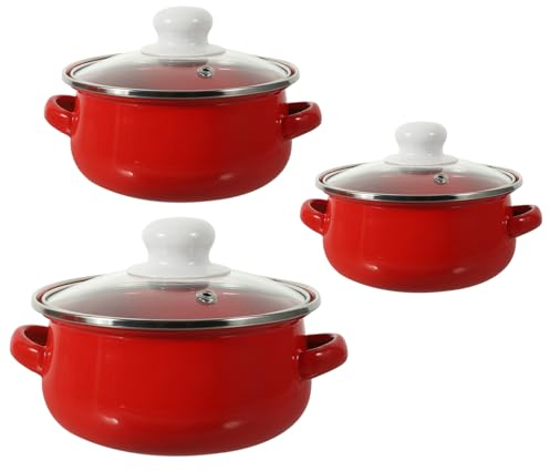 Mikinona 3 ollas esmaltadas prácticas antiadherentes pequeñas para pasta, cacerolas esmaltadas, fideos instantáneos, cacerolas de cerámica, antiadherentes, utensilios de cocina vintage, color rojo,