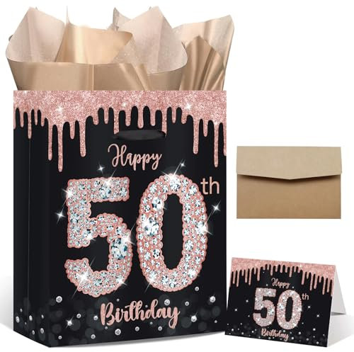 Rose Gold & Black 50th Birthday Gift Bag for Her - Large 13 Wrap Bag with Tissue Paper, 50th Birthday Card & Envelope - Decorations for Women