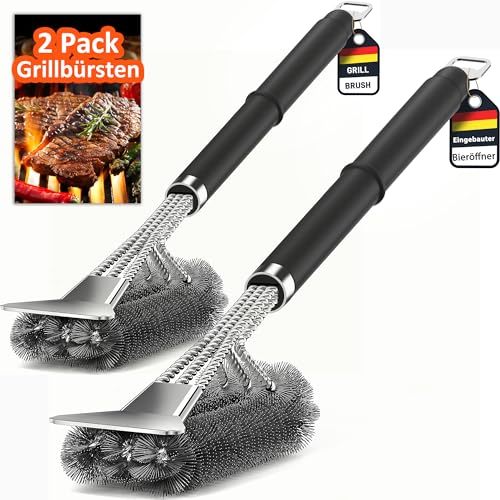 [2 Pack] Grillbürste, Update Grill Reinigungsbürste mit Edelstahl Bieröffner, Spatel und Borsten. PP Wärmedämmung Griff, für Gasgrill, Holzkohlegrill, Kugelgrill, Elektrogrill und Grillrost.