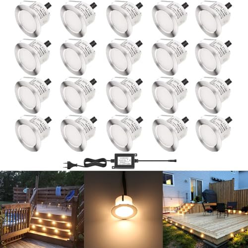 DarisingSun 20er Set LED Bodeneinbaustrahler Ø45mm 1W Terrassen Einbaustrahler Aussen 12V IP67 Wasserdicht Terrassenstrahler Licht für Küche Garten Treppen Balkon Gehweg Holzbrücke, Warmes Weiß