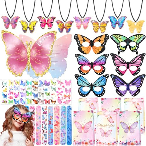Tacobear Schmetterling Mitgebsel Kindergeburtstag Give Aways Gastgeschenk mit Einladungskarten Geschenktüten Masken Schnapparmband Halskette Tattoo Party Mitgebsel für Mädchen 4 5 6 7 8 9 10 Jahre