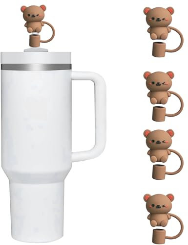 4Pcs Teddy Bear Straw Cover for Stanley 40&30 Oz Cup, 10mm Silicone Straw Covers Cap for Stanley Cup Accessories, Cute Topper, Cap Stopper for Reusable Straws Tip Lids (JLY-223)