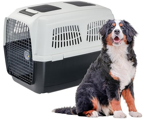 Ferplast Hundetransportbox CLIPPER PLUS, IATA-geeignet, für große Hunde bis 60 kg, sicherer Verschluss, mit Doppelfach für Zubehör, abnehmbarer Griff, 105 x 75 x h 79 cm