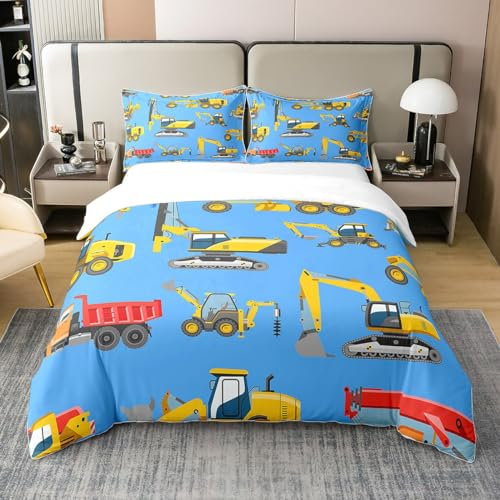Loussiesd Kinder Bettwäscheset Cartoon Autodruck Bettbezug Niedlicher Bagger Bettwäsche Set 135x200cm 100% Baumwolle Weicher Dekor Reißverschluss mit 1 Kissenbezug 80x80 cm Gelb Blau