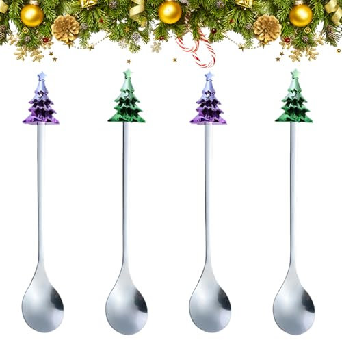 4 Pcs Christmas Coffee Spoons,Stainless Steel Spoon,Christmas Teaspoons with Delicate Gradient Christmas Tree,Xmas Dessert Tea Spoons,Christmas Stirring Spoons for Tea Soup Coffee Dessert (B)