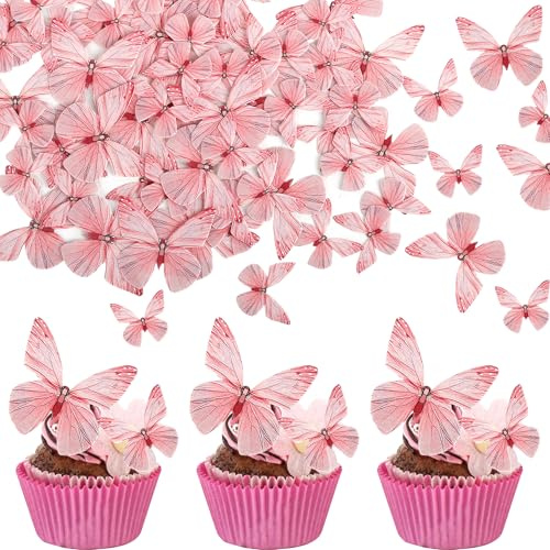 Xsstarmi 72 Pack Edible Butterflies for Cake Decorating Butterfly Cake Decorations Pink Butterfly Cupcake Toppers for Wedding Birthday Anniversary Flower Butterflies Theme Party Cupcake Decoration