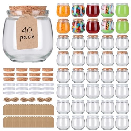 Mcupper Paquete de 40 tarros de yogur de vidrio de 7 onzas con tapas de corcho y tapas de polietileno, tarros de vidrio pequeños para pudín, tarros de vidrio para recuerdos de boda, leche, mermeladas