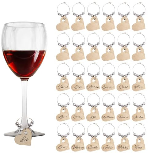 URROMA Ciondoli in legno per vino, 30 pezzi, a forma di cuore, possono essere scritti identificatori per bicchieri di vino per bevande, degustazione di vino, feste di nozze