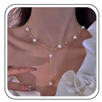 Yheakne Vintage Pearl Lariat Necklace - Long Drop Necklace with Station Pearl Choker Chain in Gold - Women's Jewelry