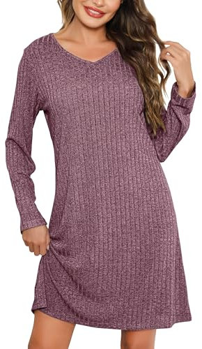 Lovasy Camicia da Notte Donna Inverno Camicia da Notte a Maniche Lunghe in Maglia a Coste Sottoveste Caldo con Scollo a V Morbido Pigiama Lungo Vestaglie per Casa e Casuale,A Rosso Intenso,L