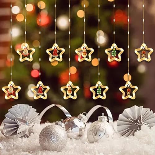 KADAFAGO Christmas Window Lights LED Stars Curtain Lights Hanging Xmas Party Decors with 10 Xmas Ornaments and 8 Flashing Modes Remote Control for Christmas, Party, Patio Garden Decor