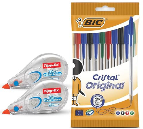 BIC Cristal Original - Bolígrafos de punta fina de 1,0 mm en colores surtidos, paquete de 10 y 2 rodillos de cinta correctora Tipp-Ex de 5 mm x 5 m para correcciones rápidas