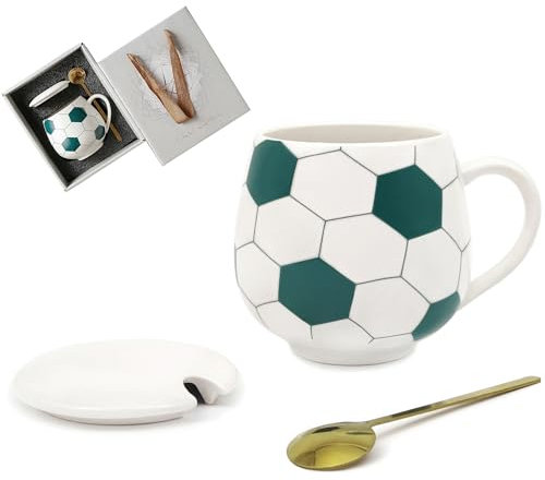 Tazza da caffè divertente da 382,7 g, con coperchio e cucchiaio, regalo di Natale per bambini per ragazzi e ragazze, tazze da tè uniche per appassionati di calcio, giocatori di calcio, verde