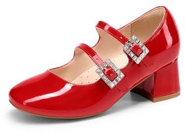 DREAM PAIRS Girls Double Strap Pumps | Sleek Patent Finish, Square Toe Growing Room, Double Straps Secure Fit, Cushioned Footbed Comfort