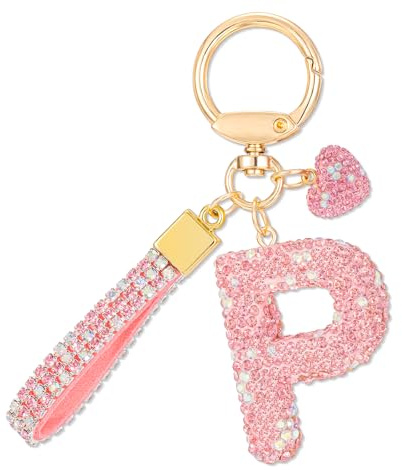 MWOOT Rose Voiture Porte clés Cadeau pour Femmes Filles Initial Lettre Porte-clés Mignon Bling Lettre Pendentif pour Sac à main Charms, Lettre P