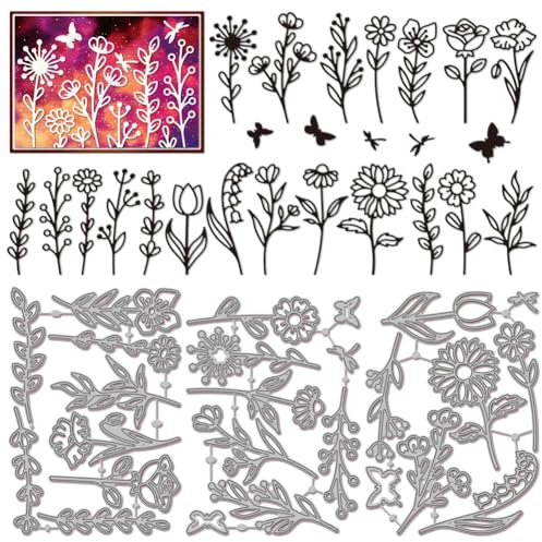 GLOBLELAND Stanzformen Mit WildBlumen Und Blattmotiv Für Die Kartengestaltung Schmetterling Libelle Metallstanzungen Blumen Und Blätter Stanzschablonen Für DIY Prägungen Papier Scrapbooking Fotoalbum