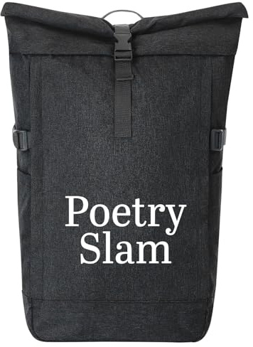 Huuraa Kurierrucksack Poetry Slam Schriftzug 30-44 Liter Black Melange Fairtrade Rolltop Rucksack Geschenkidee