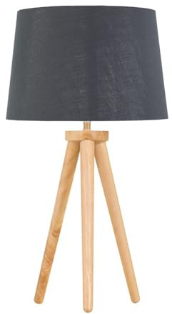 Modern Light Oak Table Lamp or Bedside Light, Wood Tripod Design, Grey and Silver Inner Shade