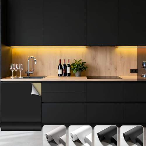Klebefolie Möbel Schwarz Matt Tapete 80 x 550 cm, Selbstklebende Folie Möbel Matt, Küchenfolie Schrankfolien, Wasserdicht Klebefolie Küche, PVC Dekofolie für Schränke, Fensterbank
