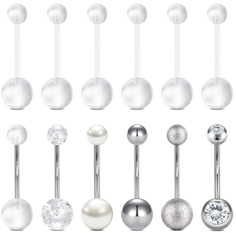 FECTAS Bauchnabelpiercings 6–32 mm Silber Edelstahl und Durchsichtiger Kunststoff Schwangerschafts Bauchnabelpiercing Hypoallergenes Kurzes und Langes Bauchnabel Piercing Schmuckstück