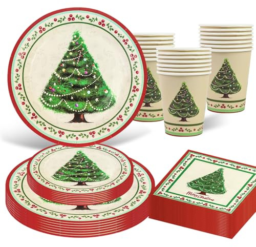 96Pcs Christmas Party Supplies Christmas Tree,Including Paper Plates Napkins and Cups Dinnerware Set for Xmas Winter Holiday Party Supplies, Serves 24 Guests