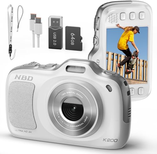 NBD 4K Digital Camera 64MP, Autofocus, 16X Digital Zoom, White | 2.8 IPS Screen, 64GB Card, Type-C Charging, 120g Lightweight, Retro Filters, Built-in Flash, Kids, Teens, Beginners
