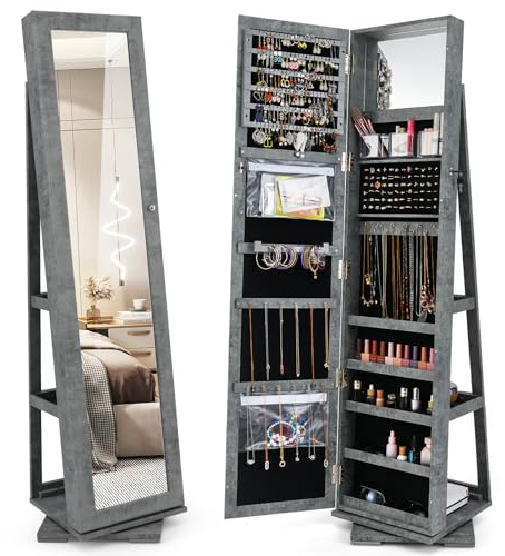 COSTWAY 360° drehbarer Schmuckschrank Ganzkörperspiegel, Spiegelschrank mit Schmuckaufbewahrung und 2 Ablagen, Schmuck-Organizer abschließbar mit Schlüsseln (39 x 39 x 161 cm,Vintage grau)