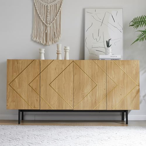 Luscriate Sideboard aus Naturholz 160 cm, Kommode mit 4 Türen & Metall-Inlay, Buffet Schrank fürs Wohnzimmer & Esszimmer, Moderne Anrichte/Beistellschrank mit Stauraum, 18 cm hohe Füße (Natural)