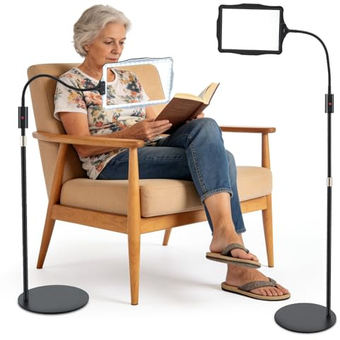 5X Wiederaufladbare Lupe mit Licht und Ständer, 3-in-1 Lupenlampe mit 48 Einstellbaren LEDs, Einziehbar Schwanenhals Lupenleuchte, für Nähen Handwerk DIY Malen Leselupe mit Licht für Senioren Groß