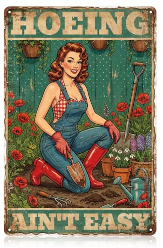 WADORN Garten Pin Up Mädchen Antik Metall Blech Schild, 30x20cm Hacken Ist Nicht Einfach Retro Kunst Schild Lustig Bauernhof Bauer Dekor Geschenk Plakette für Café Kneipen Garage Bar Laden Poster