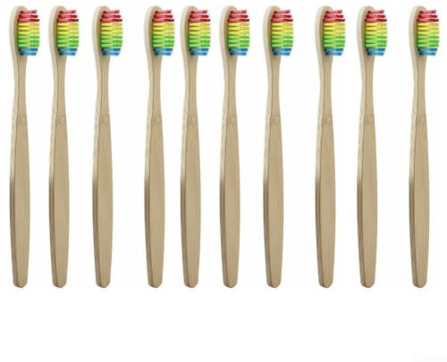 MKTOLHUS Confezione da 10 spazzolini da denti in legno naturale biodegradabili con setole morbide al carbone, ecologici, per la cura degli adulti, colori arcobaleno