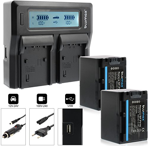 Lot de 2 batteries Blumax NP-FV70 1680 mAh + double chargeur NP-FV70 Dual Charger | Compatible avec divers modèles d'appareils photo Sony, charge 2 batteries en même temps