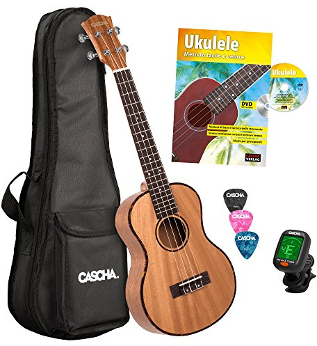 Cascha Tenor Ukulele Set I Ukulele Starter Kit mit 3 Plektren Tasche Stimmgerät & italienischem Lehrbuch I Tenor Ukulele Mahagoni I Kleine Hawaii Gitarre für Anfänger & Fortgeschrittene