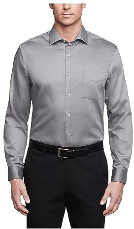 Van Heusen Men's Dress Shirts Regular Fit Lux Sateen Stretch Solid, Grey, 17 Neck 34-35 Sleeve