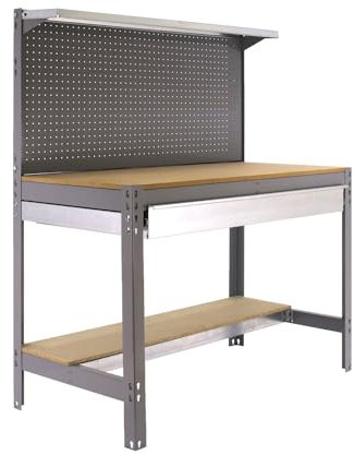 SimonRack Etabli d’Atelier, Capacité de Charge 600 kg, 1445x1510x610 mm, Panneau Perforé avec 1 Étagère, Étagère Tiroir de Rangement, Table de Travail Bricolage, Gris/Bois - BT3