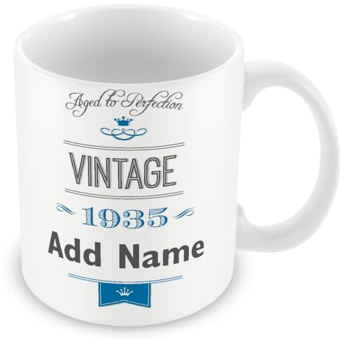 MUGGZ Vintage 1935 (Age 90) Aged to Perfection Personalised Mug - Customised 90th Birthday Gift - Add Name - Blue