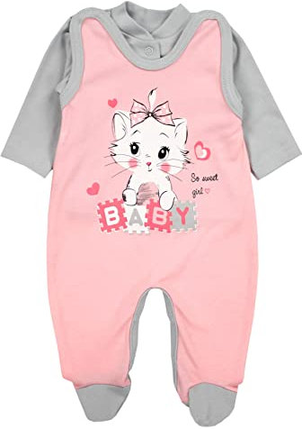 TupTam Baby Mädchen Jungen Strampler mit Langarmshirt Aufdruck Spruch 2 teilig, Farbe: Katze Aprikose/Grau, Größe: 56