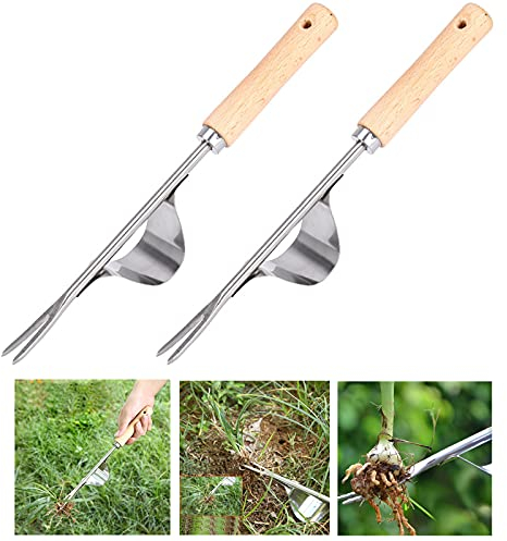 behone 2 Piezas Weeder de Mano, Extractor de Malas Hierbas, escardador con Mango de Madera, arrancador de Hierbas Manual para escardar y arrancar, Regalo para jardineros y jardineras