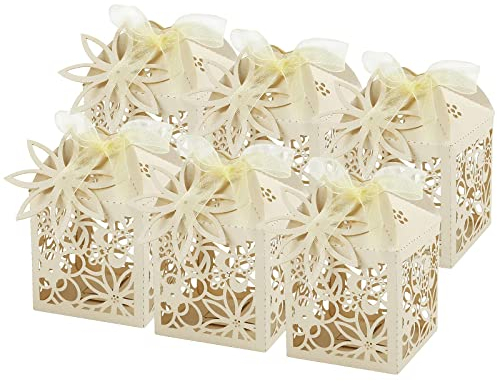 LEMESO 50 Cajas Regalo para Bautizo, Comunión, Cajitas de Carton Amarillas para Bombones Chuches Confetis, Flor Hueco Cajitas para Regalos de Boda Detalles Recuerdos para Invitados
