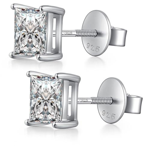 Square Diamond Earrings Men Stud Earrings Screw Back Men Diamond Earrings Princess Cut Earrings CZ Diamond Stud Earrings for Men CZ Earrings Cubic Zirconia Earrings Sterling Silver Men Earrings 6MM