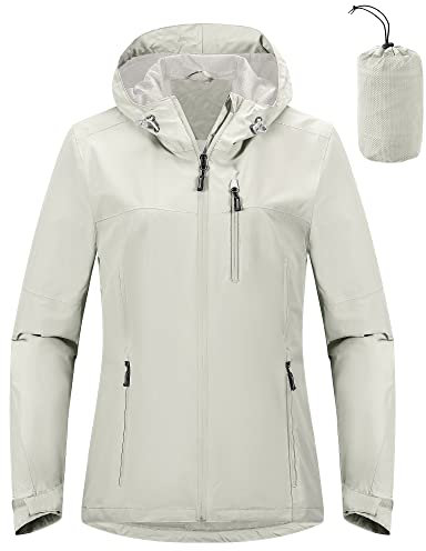 Outdoor Ventures Damen Regenjacke 10000MM Wasserdicht Leichte Gefüttert Packbar Sportjacke Funktionsjacke Atmungsaktiv Fahrrad Jacke mit Kapuze Hellgrau L