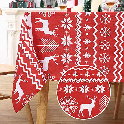 LinTimes Weihnachtstischdecke, Weihnachtsmotiv, Rentier, Schneeflocken, Tischdecke, Tischdecke, Tischdecke für Weihnachtsessen, Party, Küchendekoration, 132 x 228 cm, Rot