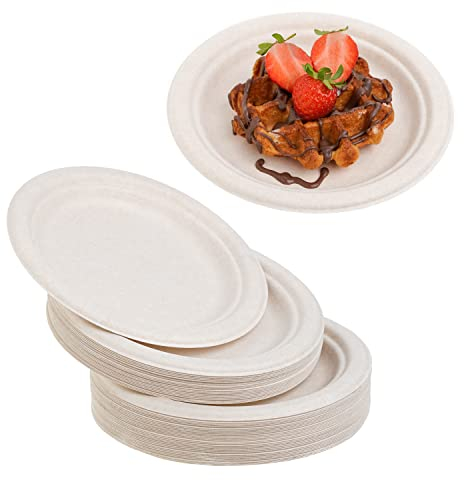 STACKABLES ~ 50 Pack Natural Colored Biodegradable Bagasse 7 inch Dinner Plates Eco Friendly Compostable Party Paper Plates ~ 17.8cm Round Disposable Sugercane Plates For Weddings Receptions & Parties