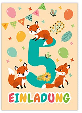 12 Einladungskarten zum 5. Kindergeburtstag fünfte Geburtstag Mädchen Jungen Fuchs