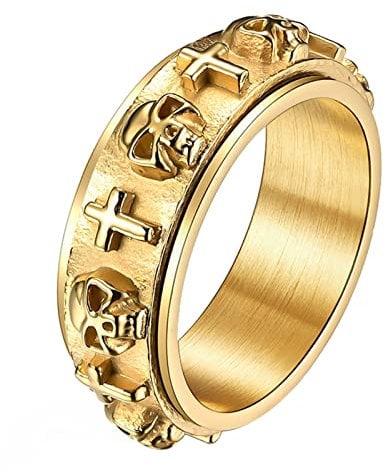 Flongo Herren Ring Edelstahl Kreuz Totenkopf Ring Außenring Wendering Punk Männer Ring Angst lindern Gold Schwarz Silber