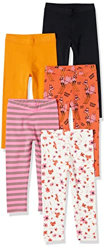 Amazon Essentials Legging Fille, Lot de 5, Blanc Fleuri/Jaune Moutarde/Noir/Rose Rayures/Skiing Foxes, 7-8 Ans