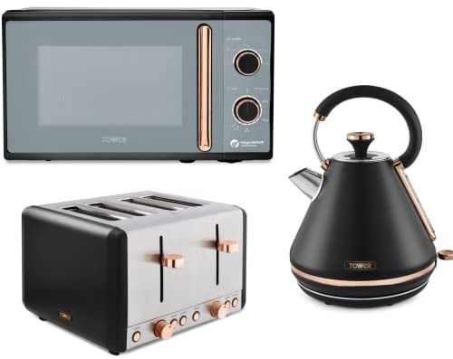 Tower Cavaletto Black & Rose Gold 3KW 1.7L Pyramid Kettle, 4 Slice 1800W Toaster & 800W 20L Microwave. Contemporary Matching Kitchen Electrical Set in Black & Rose Gold